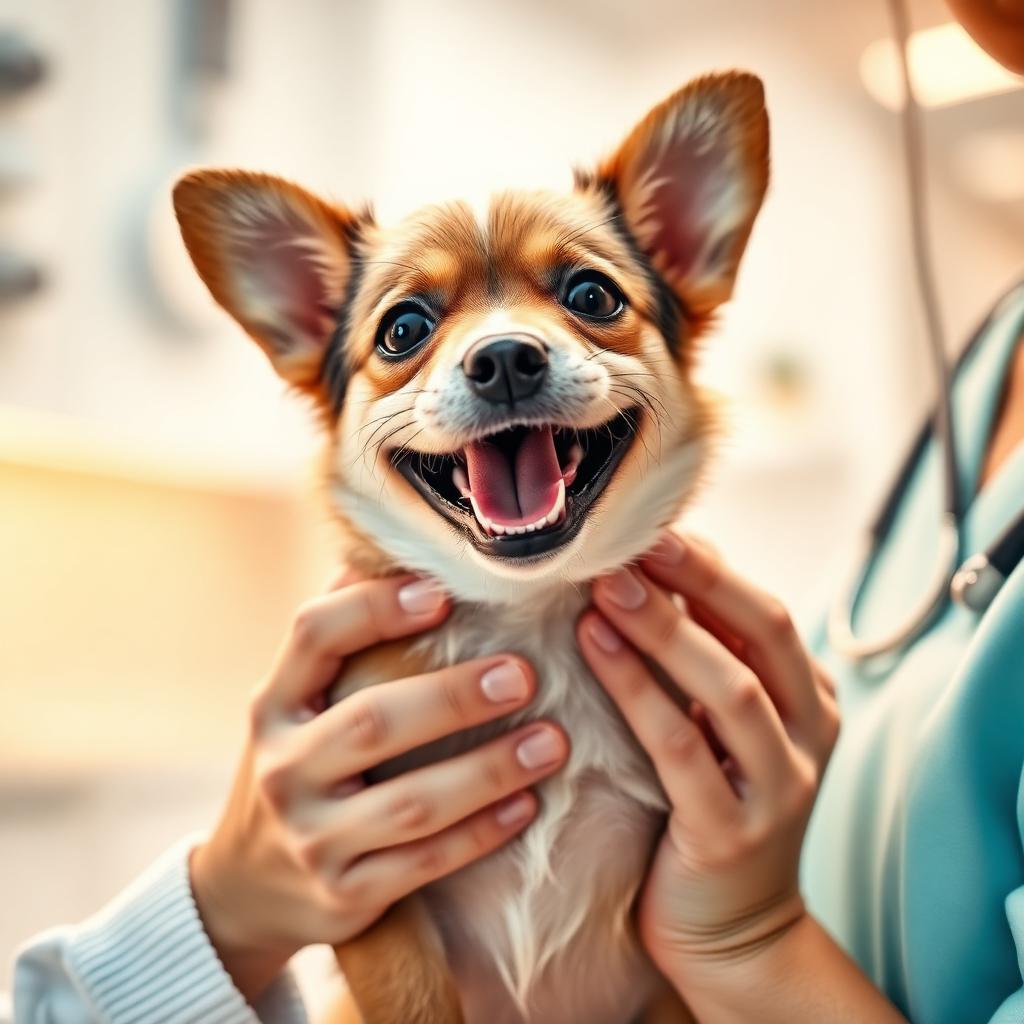 Veterinaria sosteniendo con cariño a un perrito durante la consulta